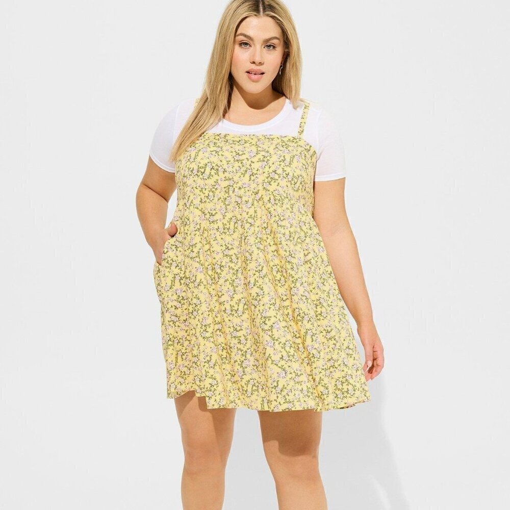 Torrid - Mini Challis Sleeveless Sundress in "Tinted Roses" Soft Yellow​​​​​​​​